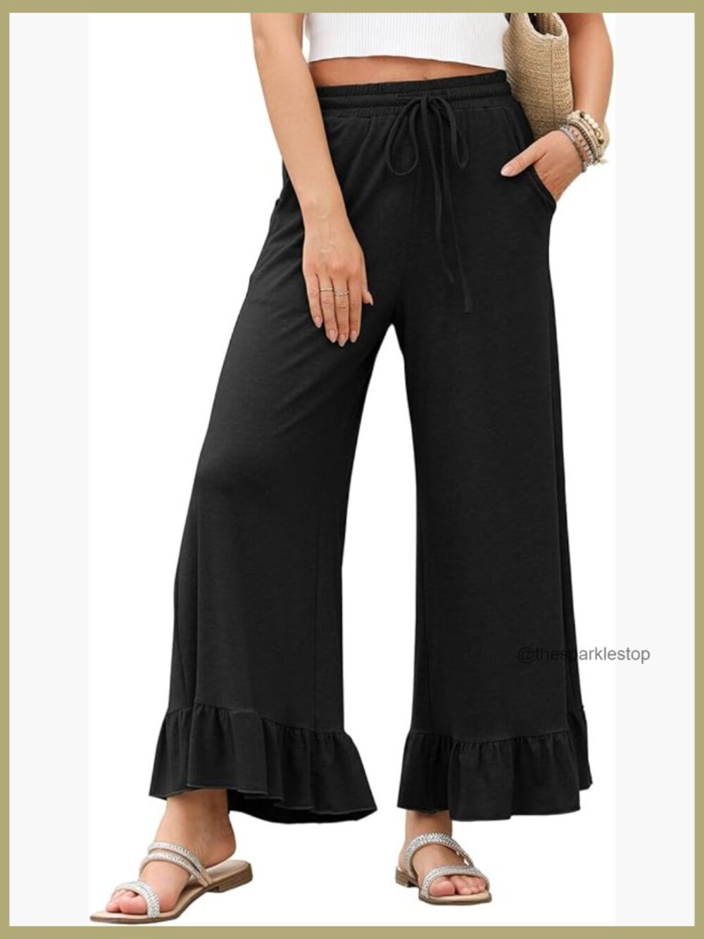 High Waisted Wide Leg Palazzo Pants with Pockets & Ruffle Hem
